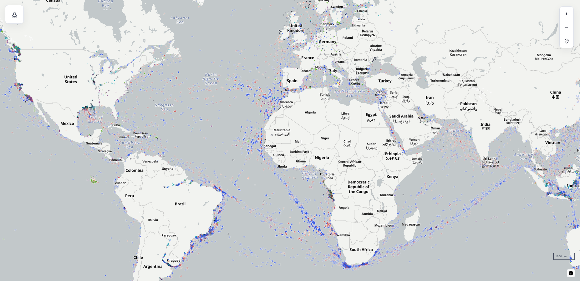 Pelyr Vessel Map showing ship positions across the Atlantic, Europe, Africa and the Indian Ocean.