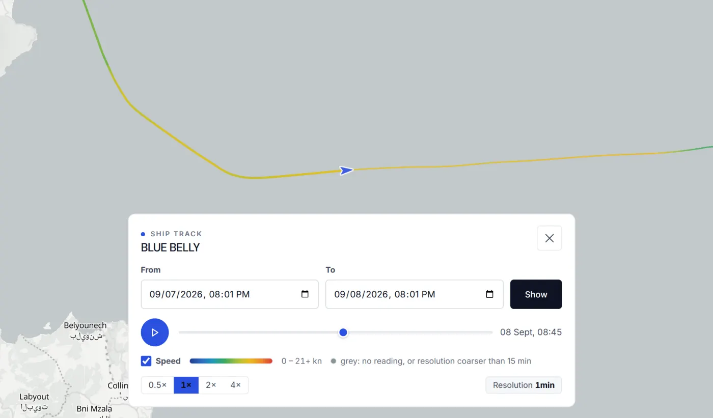 Vessel tracking map showing Blue Belly’s route near Gibraltar and route playback controls.